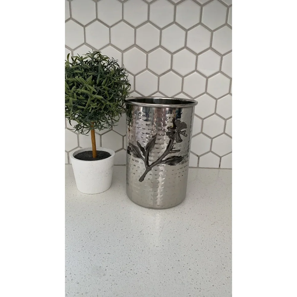 Stainless steel‎ vase with Dark silver vine 3D utensils holder hammered Metal